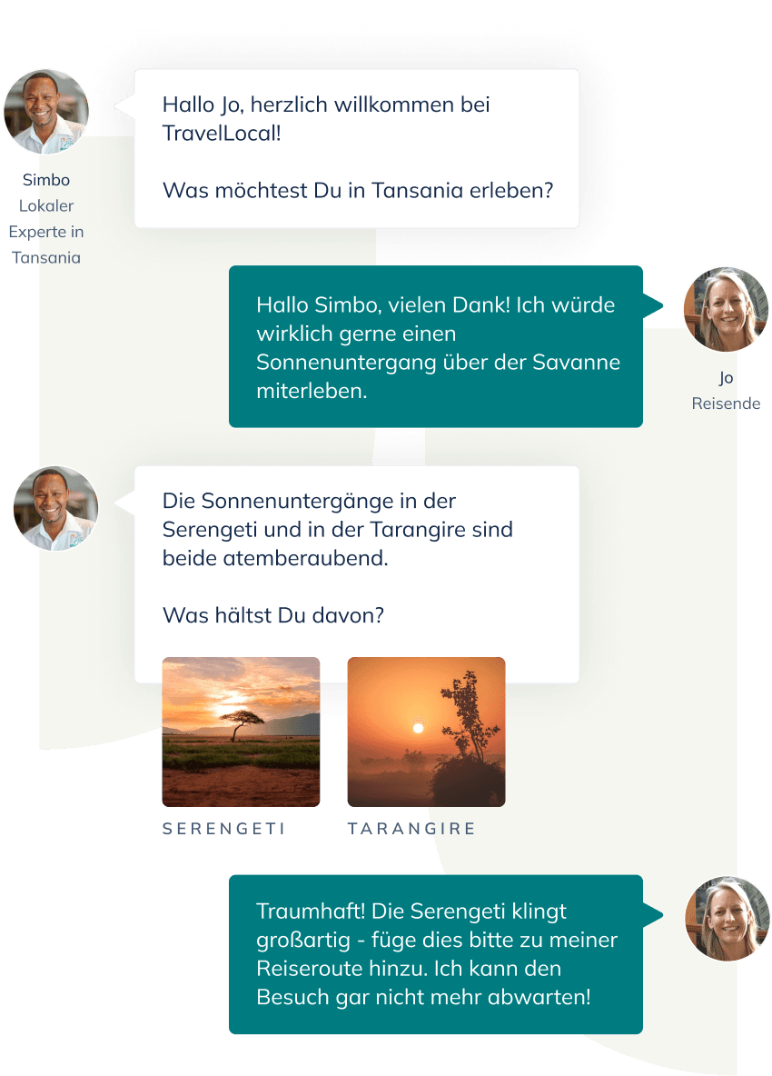 A example conversation between a traveller and one of our local experts in Tanzania. They're deciding where's best to see the sunset.